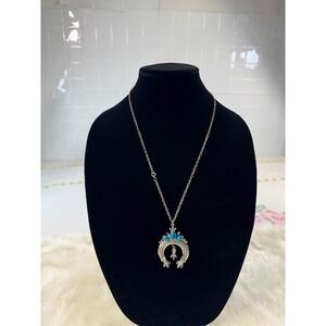 Western Horseshoe Squash Blossom Turquoise‎ Necklace Silver Tone